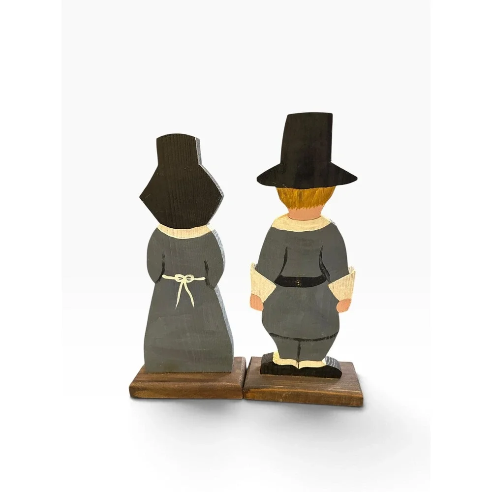 Hand-Painted Vintage Thanksgiving Pilgrim Wooden Figurines